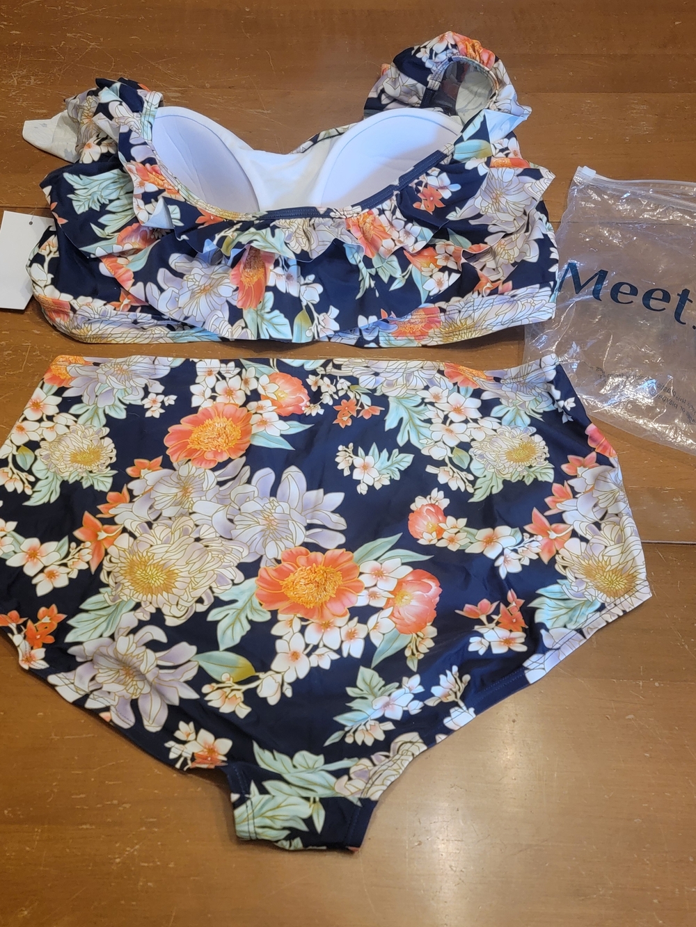 MeetCurve Ruffle Bikini Navy with Floral Print High Waist Bottom 3X NWT - Picture 7 of 13